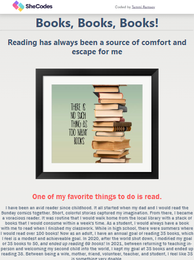 screenshot of my web page project about books