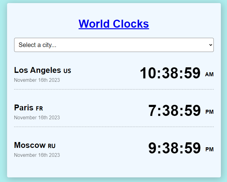 screenshot of worldclocks project application